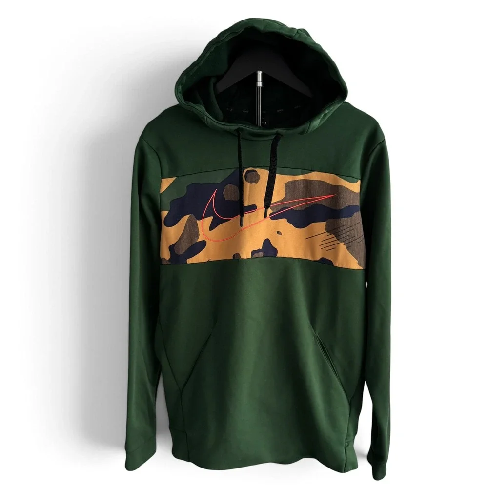 Nike DriFit Hoodie Men M Green Camo Print Performance Stretch Athletic Pullover